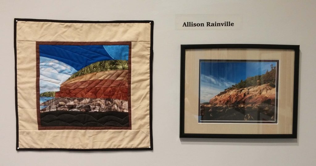 Two versions of an image of Sand Beach, one in paper form on the right, one in fabric form on the left.